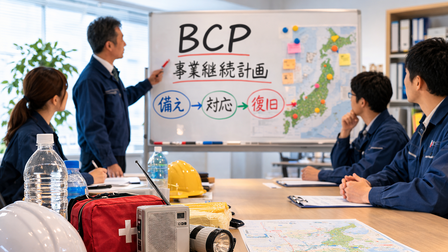 Business Continuity Planning Meeting with Disaster Preparedness Supplies